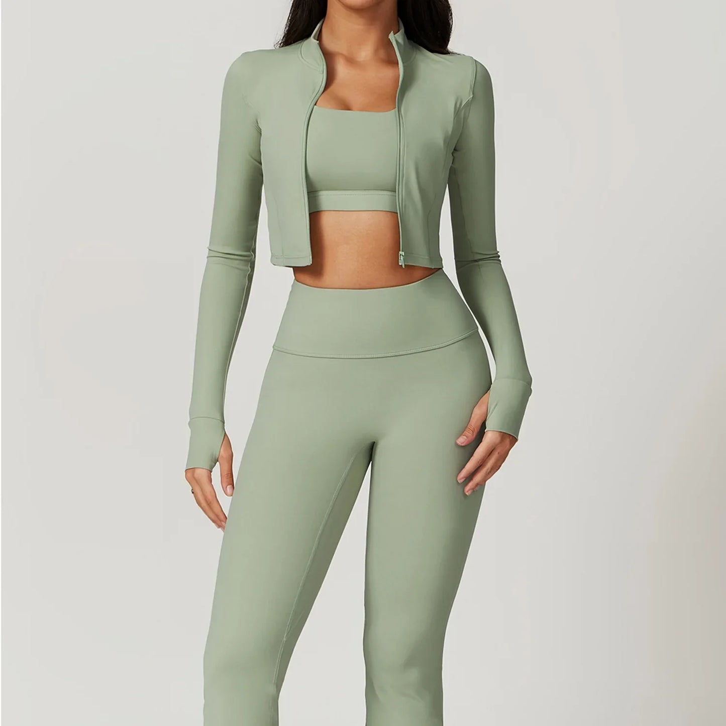 3 Pieces Workout Clothes Sports Bra High Waist Gym Leggings Long-Sleeved