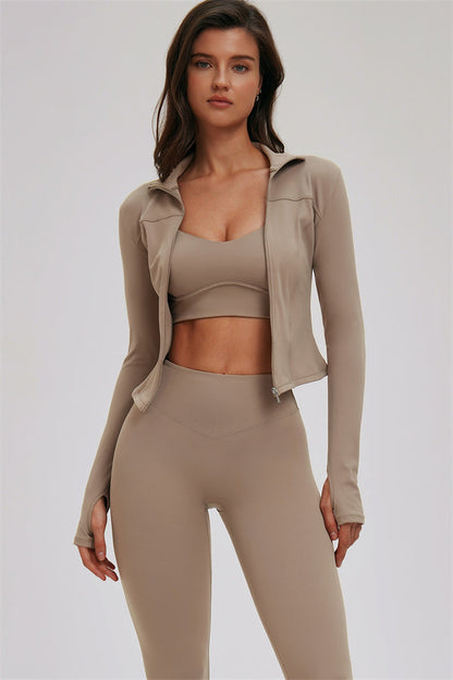 Zip Jacket Cross Back Sports Bra Leggings 3-Piece Set