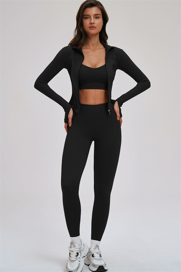 Zip Jacket Cross Back Sports Bra Leggings 3-Piece Set