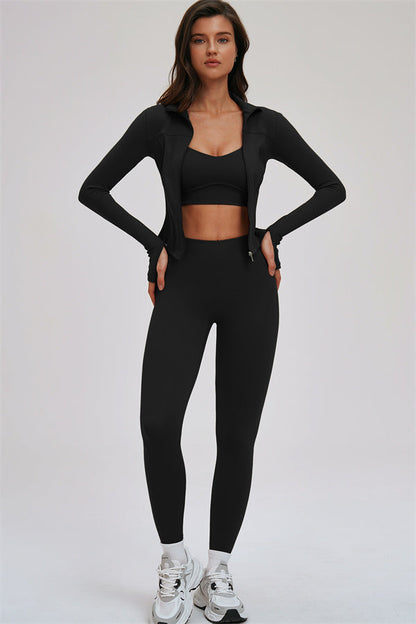 Zip Jacket Cross Back Sports Bra Leggings 3-Piece Set