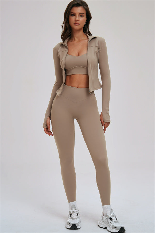 Zip Jacket Cross Back Sports Bra Leggings 3-Piece Set