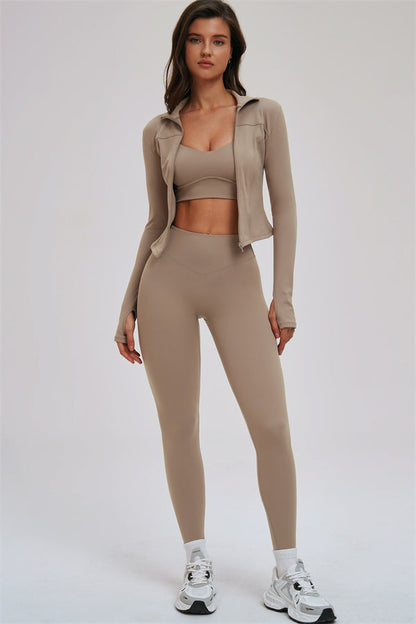 Zip Jacket Cross Back Sports Bra Leggings 3-Piece Set