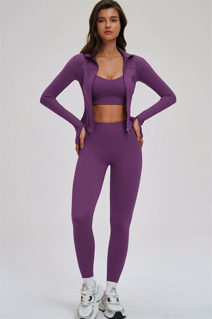 Zip Jacket Cross Back Sports Bra Leggings 3-Piece Set