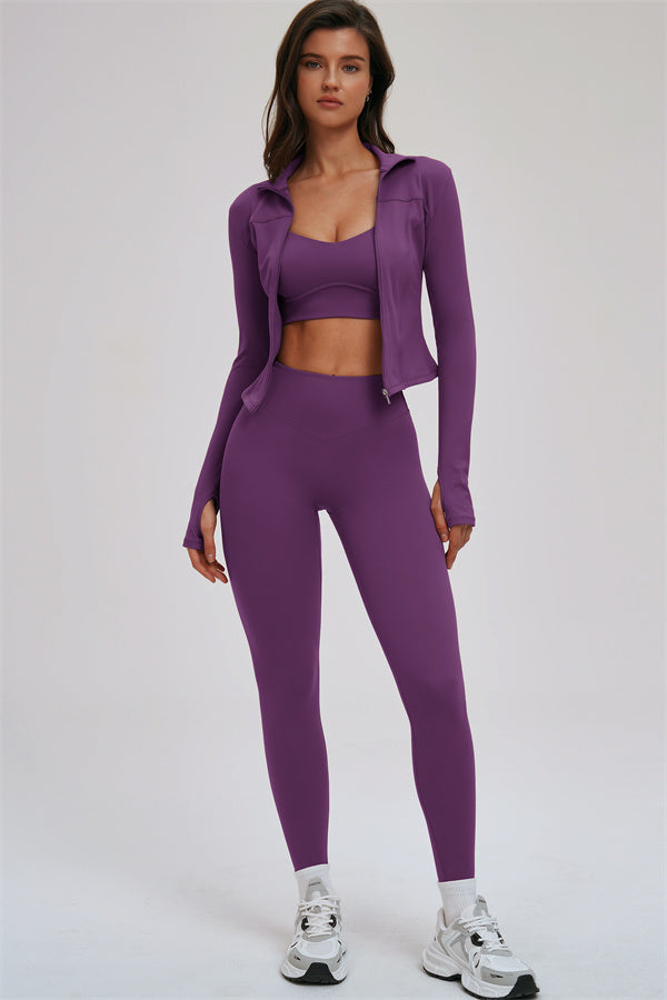 Zip Jacket Cross Back Sports Bra Leggings 3-Piece Set