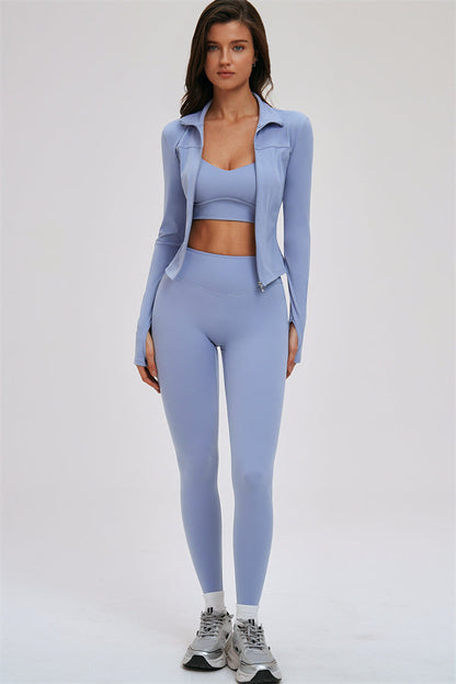 Zip Jacket Cross Back Sports Bra Leggings 3-Piece Set