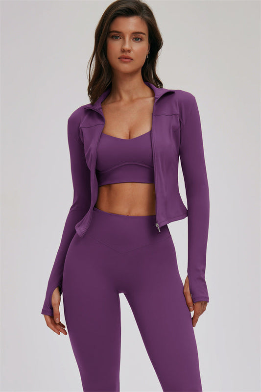 Zip Jacket Cross Back Sports Bra Leggings 3-Piece Set