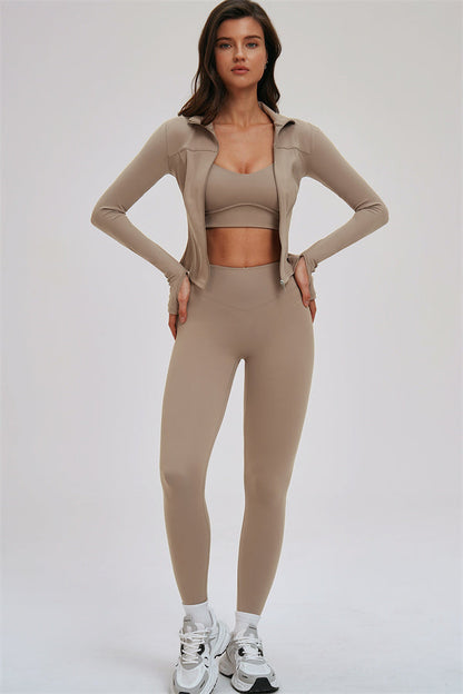 Zip Jacket Cross Back Sports Bra Leggings 3-Piece Set