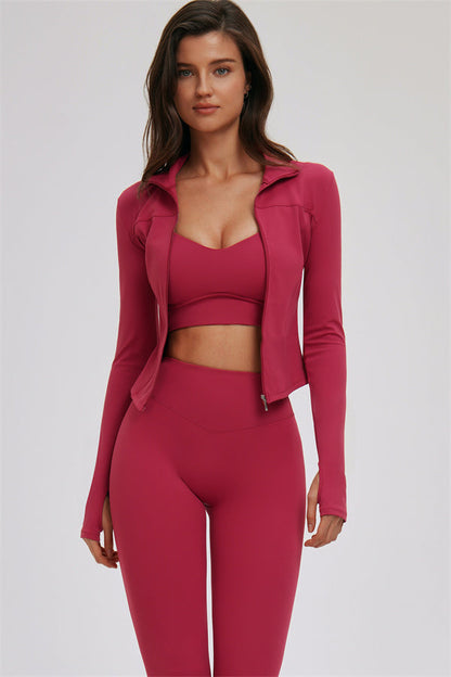 Zip Jacket Cross Back Sports Bra Leggings 3-Piece Set