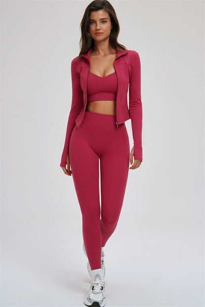 Zip Jacket Cross Back Sports Bra Leggings 3-Piece Set