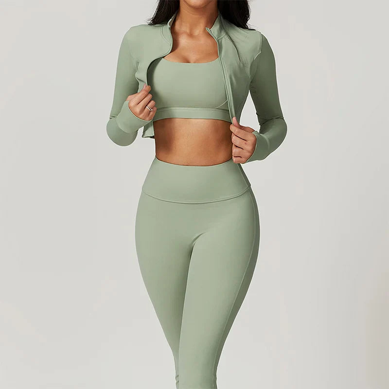 3 Pieces Workout Clothes Sports Bra High Waist Gym Leggings Long-Sleeved