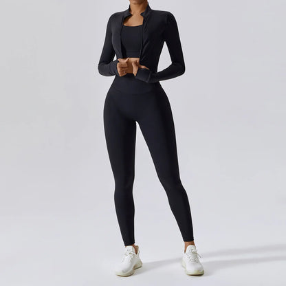 3 Pieces Workout Clothes Sports Bra High Waist Gym Leggings Long-Sleeved