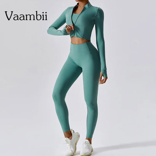 3 Pieces Workout Clothes Sports Bra High Waist Gym Leggings Long-Sleeved
