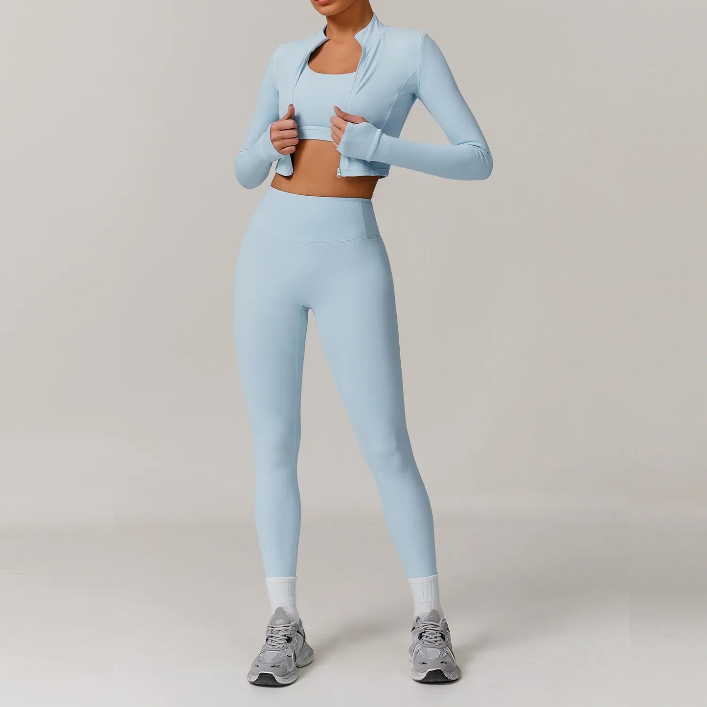 3 Pieces Workout Clothes Sports Bra High Waist Gym Leggings Long-Sleeved