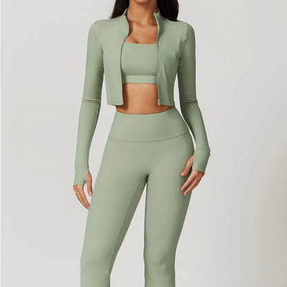 3 Pieces Workout Clothes Sports Bra High Waist Gym Leggings Long-Sleeved