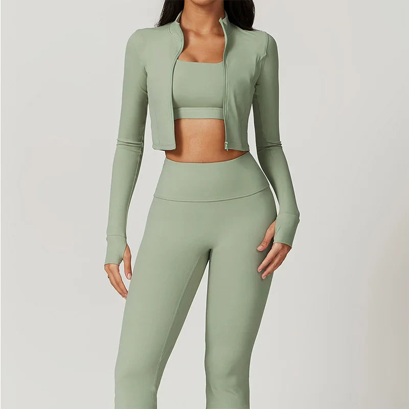 3 Pieces Workout Clothes Sports Bra High Waist Gym Leggings Long-Sleeved