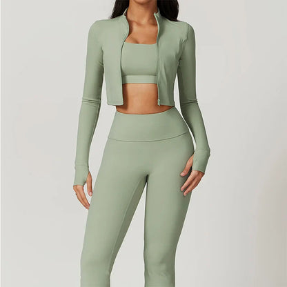 3 Pieces Workout Clothes Sports Bra High Waist Gym Leggings Long-Sleeved