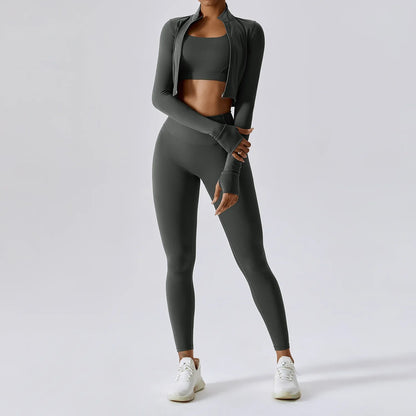 3 Pieces Workout Clothes Sports Bra High Waist Gym Leggings Long-Sleeved
