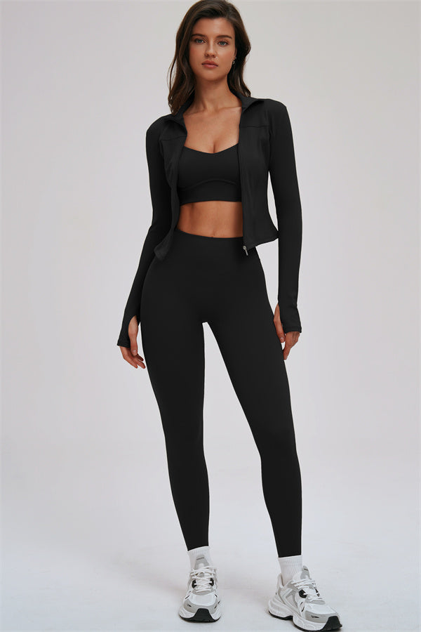 Zip Jacket Cross Back Sports Bra Leggings 3-Piece Set