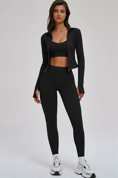 Zip Jacket Cross Back Sports Bra Leggings 3-Piece Set
