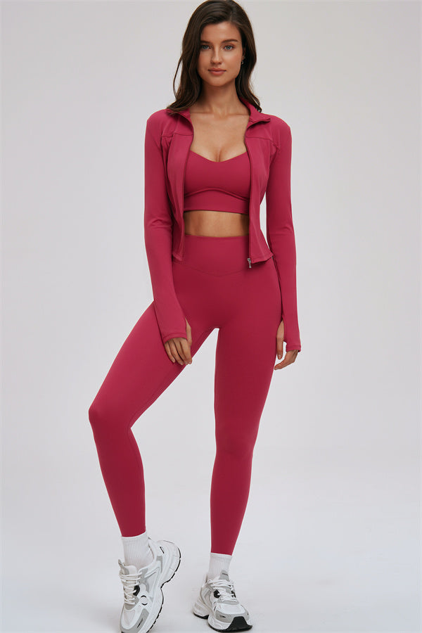 Zip Jacket Cross Back Sports Bra Leggings 3-Piece Set