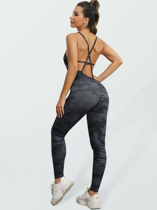 Women's Athletic Jumpsuit - Cross Strap & High Waist Design