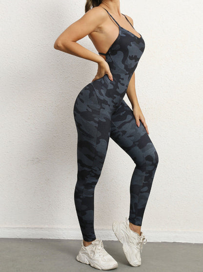 Women's Athletic Jumpsuit - Cross Strap & High Waist Design