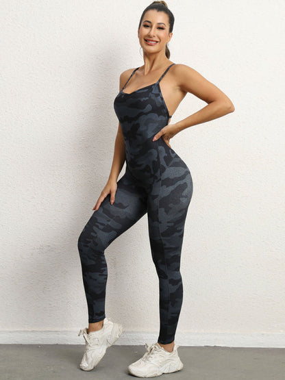 Women's Athletic Jumpsuit - Cross Strap & High Waist Design