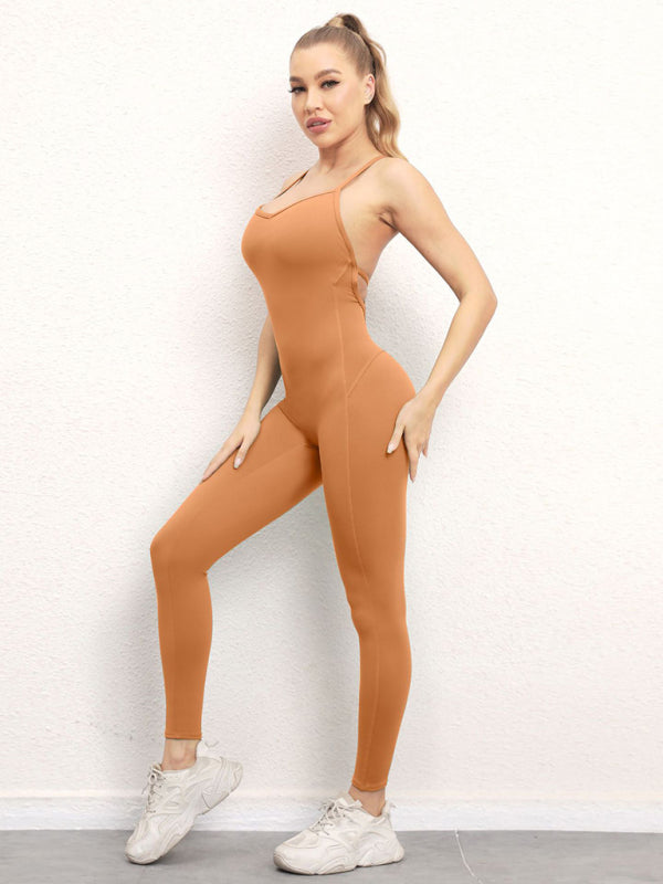 Women's Athletic Jumpsuit - Cross Strap & High Waist Design