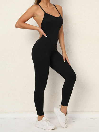 Women's Athletic Jumpsuit - Cross Strap & High Waist Design