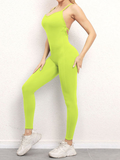 Women's Athletic Jumpsuit - Cross Strap & High Waist Design